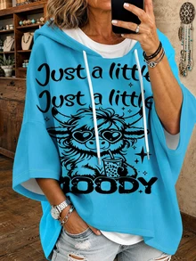 Plus Size Women's Cute Graphic Print Drawstring Sweatshirt, 3/4 Sleeve Knit Top, Casual Versatile For Autumn/Winter - Mint Blue - View 1