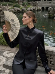 Women Fall Fashion Elegant Casual Chinese Style Black Satin Mandarin Collar Frog Button Long Sleeve Jacket For Office Work Going Out Vacation - Black - View 2