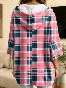 Women's Plaid Drop Shoulder Drawstring Pullover Sweatshirt Plus Size Loose Casual 3/4 Sleeve Knit Top Autumn - Pink - View 2