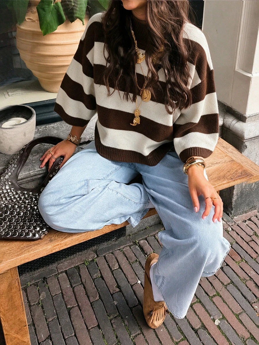 MORI Fall Winter Women Sweaters Casual Y2K Chic Apricot Striped Stand Collar Half Sleeve Drop Shoulder Oversized Knit Pullover Top - Coffee - View 1