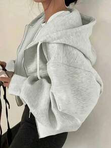 Plus Size Women's Solid Color Zipper Drawstring Hooded Jacket - Light Grey - View 1