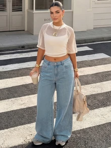 Plus Size Women's Loose Fit Long Denim Jeans With Washed Pockets, Non-Stretch Casual Everyday Autumn Wear - Baby Blue - View 3