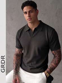 GRDR Men's Solid Color Waffle Knit Polo Shirt With Collar, Short Sleeve, Lightweight Casual Top - Black - View 2
