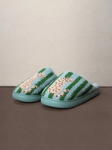 Hatastic Women's Green Contrast Striped Leopard Embroidery Closed-Toe Plush Slippers, Autumn/Winter Thermal Sandals - Green - View 3