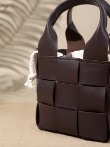 Tropiscape Small Bucket Bag Plaid Pattern Double Handle For Daily - Coffee Brown - View 4