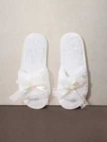 Hatastic Elegant White Plush Slippers With Lace Bow And Pearls, Fuzzy Open Toe Slides, Comfortable Sexy Style House Shoes,Bride Slippers - White - View 1