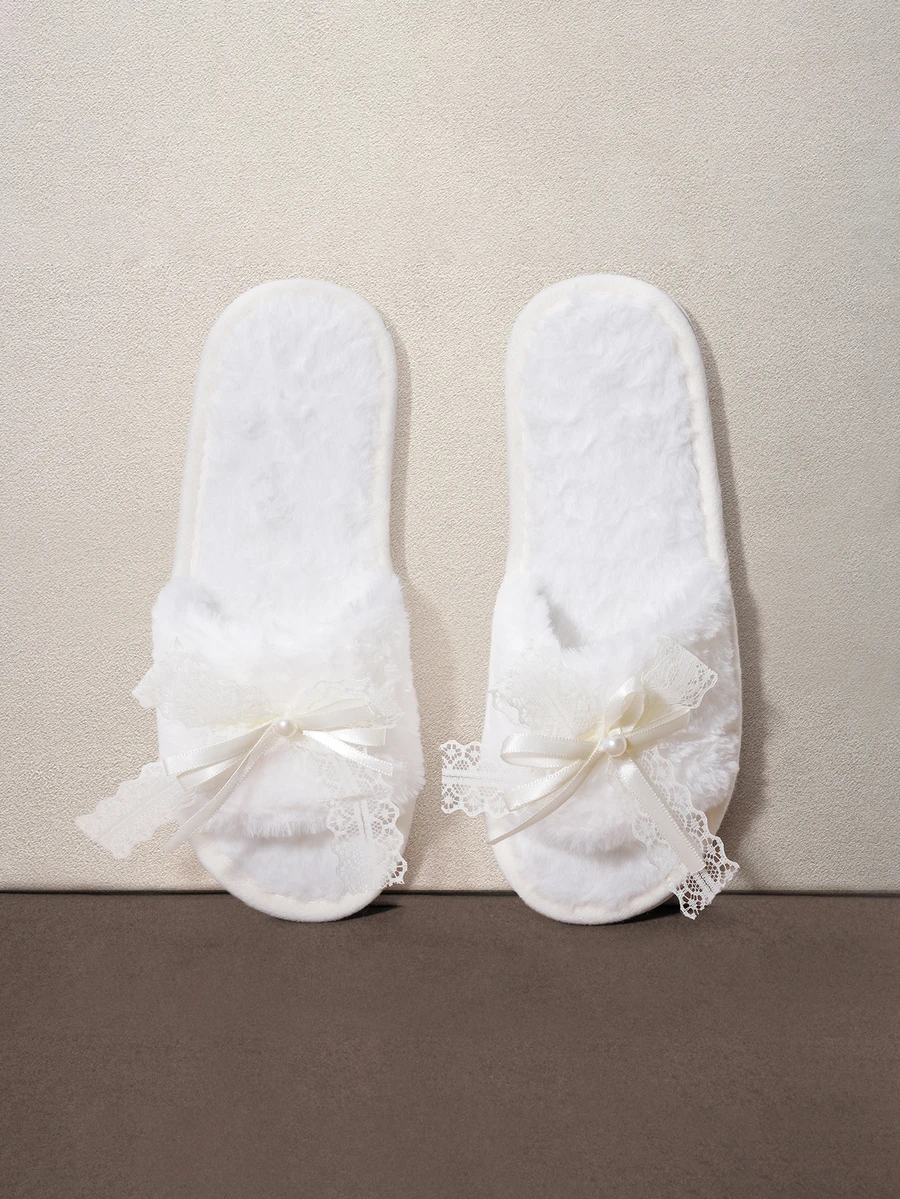 Hatastic Elegant White Plush Slippers With Lace Bow And Pearls, Fuzzy Open Toe Slides, Comfortable Sexy Style House Shoes,Bride Slippers - White - View 1