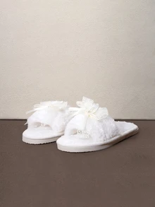 Hatastic Elegant White Plush Slippers With Lace Bow And Pearls, Fuzzy Open Toe Slides, Comfortable Sexy Style House Shoes,Bride Slippers - White - View 3