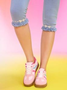 Trivaya Women's Round Toe Lace-Up Contrast Color Flat Sneakers, Spring/Autumn Campus Style Fabric Trainer Shoes,Trainers - Pink - View 3