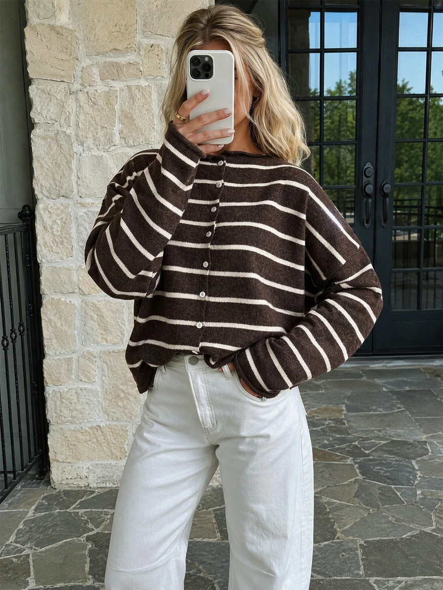 Mori Women's Autumn/Winter Striped Y2K Long Sleeve Button-Up Cardigan Crew Neck Knit Sweater, Suitable For Outings, Parties And Vacations - Beige and Brown - View 1