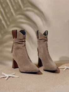 Tropiscape Women's Fashion French Pointed Toe Ankle Boots, Slip-On Pull-On Western Style Ruched Boots - Khaki - View 1