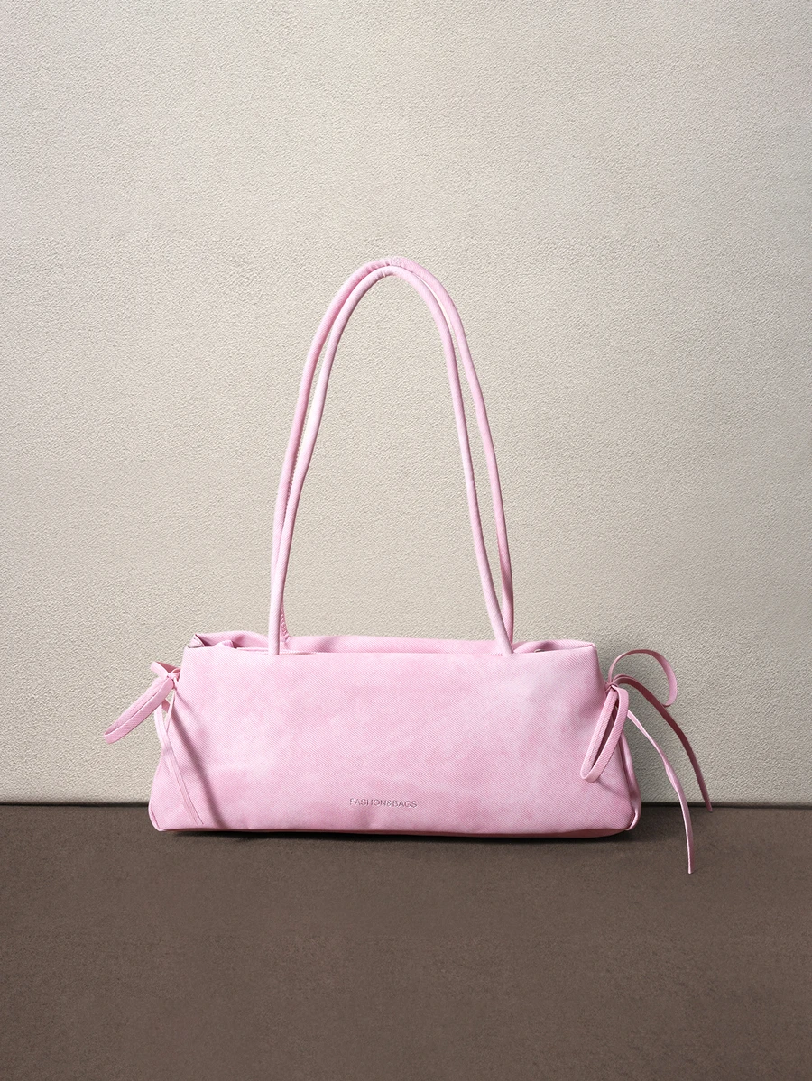 Hatastic Solid Color Fashion Bow Decor Elegant Minimalist Women's Shoulder Bag, Suitable For Shopping, Wallet, Shopping, Young Women - Pink - View 1