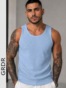 GRDR Men's Solid Color Hollow Mesh Tank Top Round Neck Sleeveless Shirt - Baby Blue - View 2