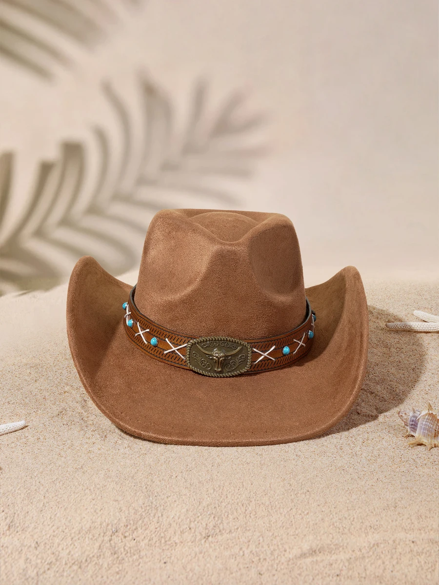 Tropiscape Suede Cowboy Hat With Bull Head Decoration Western Style Unisex For Parties Outdoor Riding And Western Theme Events - Xx Bull Head Sapphire Top Hat - View 1