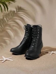 Tropiscape Go With Dress Women's Fashionable Boots, Breathable Rivet Chunky Heel Lace-Up Side Zipper Motorcyle Boots - Black - View 2