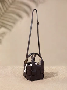 Tropiscape Small Bucket Bag Plaid Pattern Double Handle For Daily - Coffee Brown - View 3