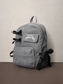 Hatastic Minimalist High Capacity Backpack With Bow Decor, Fashion Corduroy Travel Bag, Literary School Bag For Teens - Grey - View 3