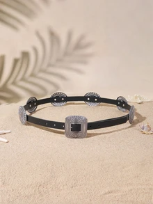 Tropiscape 1pc Women's Black PU Circle Buckle Belt, Fashionable Classical Belt For Daily Use Summer, School Fall, Autumn, Halloween - Black - View 1