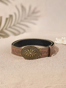 Tropiscape 1pc Bohemian Style Golden Edged Floral Print Vintage Belt, Suitable For All Seasons, Matching With Coats, Dresses - Multicolor - View 2