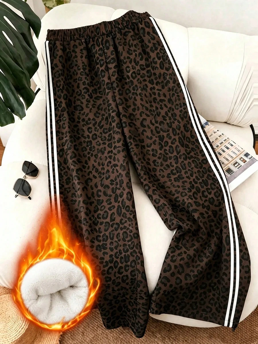 Celana Panjang Wanita Ukuran Besar Motif Leopard Model Lurus dengan Garis Putih di Samping, Hangat dan Nyaman untuk Dipakai di Musim Gugur - Coffee Brown - View 1