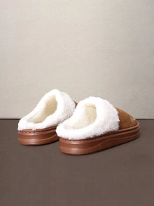 Hatastic Plush Closed Toe Slippers, Warm Women's Slippers For Autumn/Winter, Thick Non-Slip Sole, Couples Indoor Home Slippers - Khaki - View 2