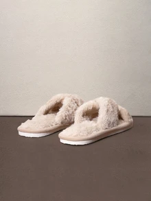 Hatastic Fall/Winter Women's Fluffy Criss-Cross Open Toe Slippers, Anti-Slip Indoor Home Slide Sandals - Khaki - View 2
