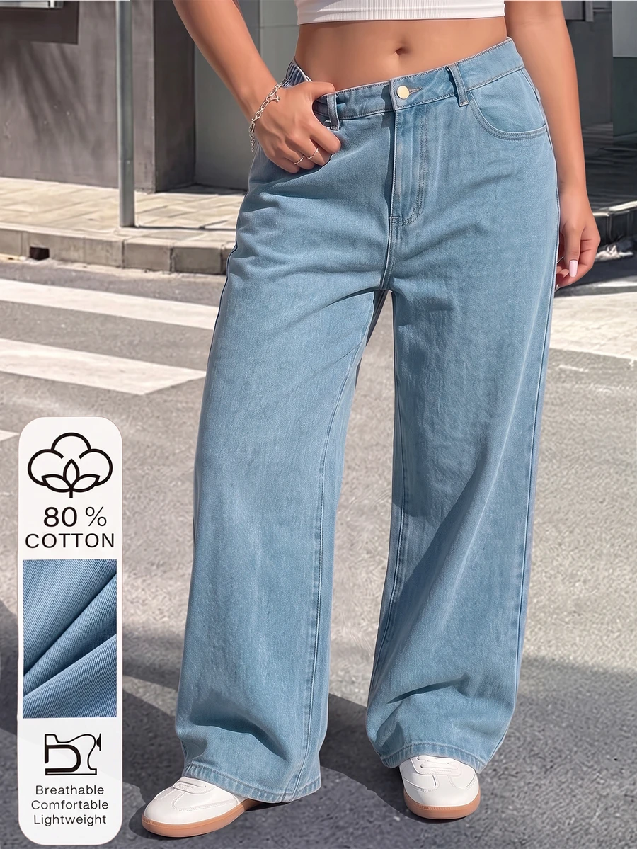 Plus Size Women's Loose Fit Long Denim Jeans With Washed Pockets, Non-Stretch Casual Everyday Autumn Wear