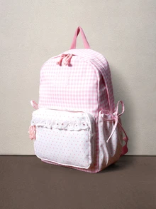 Hatastic 3pcs Set Contrast Color Star Decor School Bookbag, Multi-Compartment, Kawaii Aesthetic, Travel, Shopping, Vacation, Japanese Style, Back To School - Pink - View 3