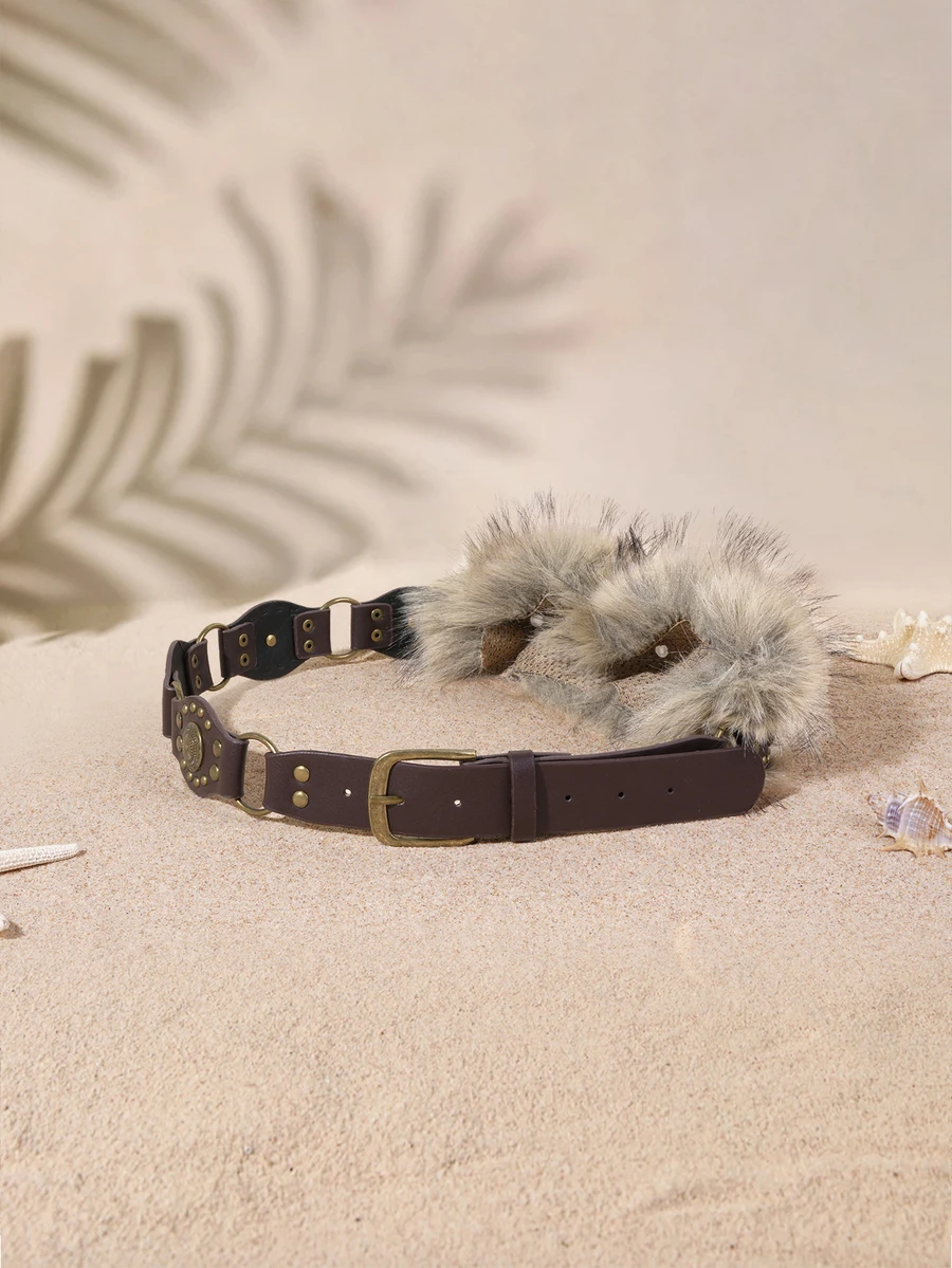 Tropiscape 1 chiếc thắt lưng nữ da PU màu nâu phong cách Vintage Western đính đinh tán, thắt lưng PU màu cà phê thời trang phối lông thú nhân tạo quyến rũ, thiết kế độc đáo - Cà phê - Xem 1