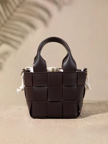 Tropiscape Small Bucket Bag Plaid Pattern Double Handle For Daily - Coffee Brown - View 2