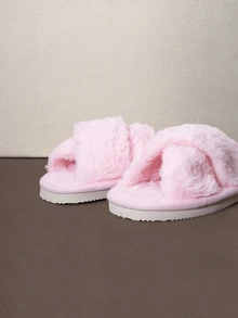 Hatastic Fall/Winter Women's Fashion Dual Strap Fluffy Faux Fur Slippers, Soft Lightweight Indoor Home Slippers - Pink - View 4