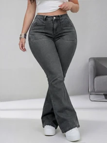 Plus Size Casual Fashion Washed Slim Fit Flare Jeans, Flare Pants Outfit For Autumn Outdoor Wear - Grey - View 3
