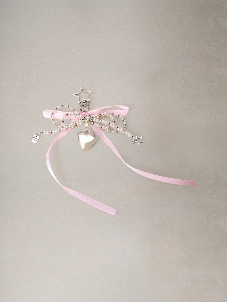 Hatastic Korean Style Sweet Pearl Bow Pendant, Silver Heart Shaped Charm, Keychain, Accessory, Cute Bag Decor - Baby Pink - View 1