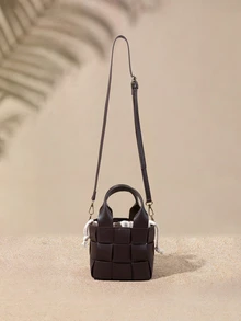 Tropiscape Small Bucket Bag Plaid Pattern Double Handle For Daily - Coffee Brown - View 1