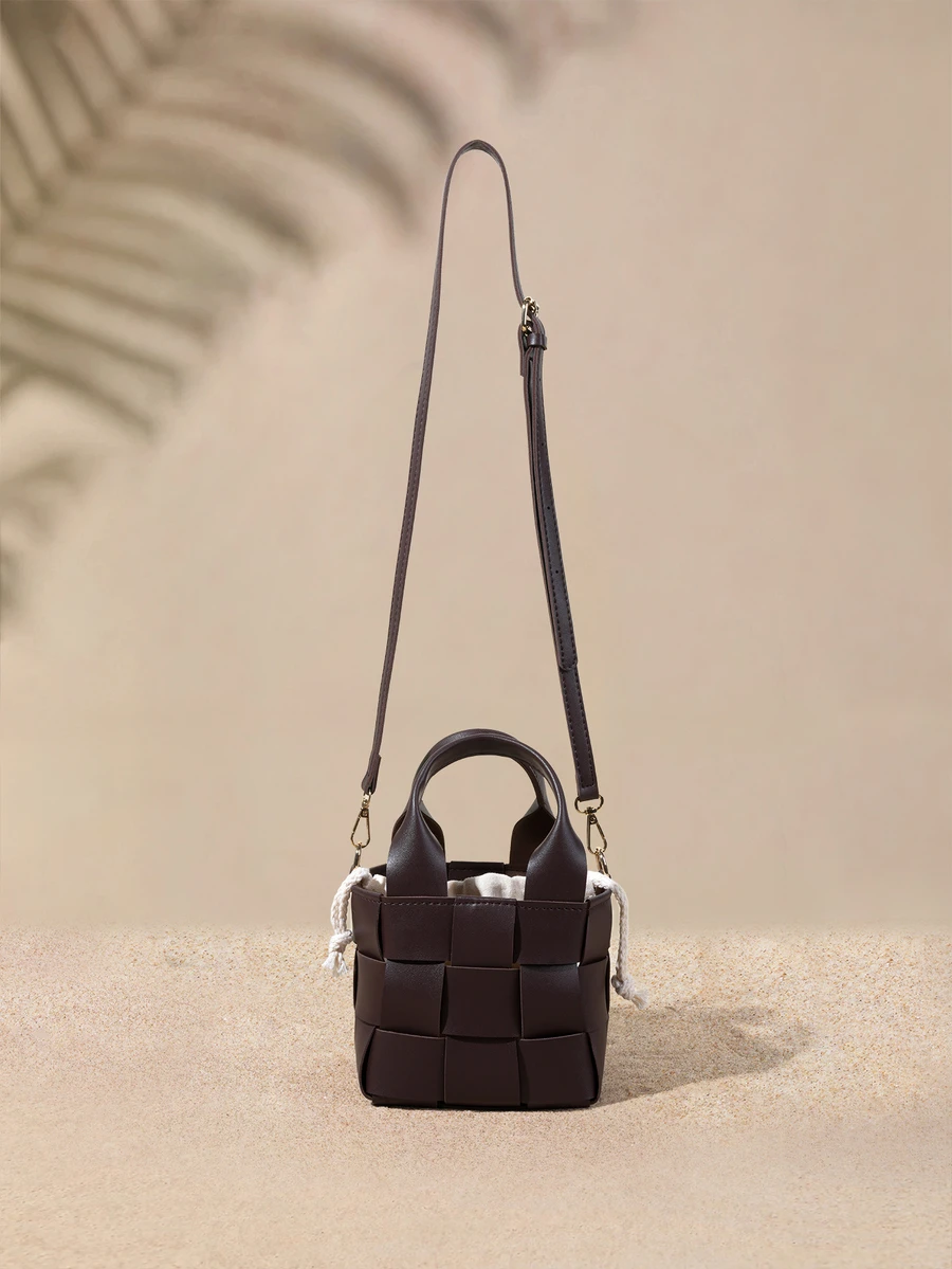 Tropiscape Small Bucket Bag Plaid Pattern Double Handle For Daily - Coffee Brown - View 1