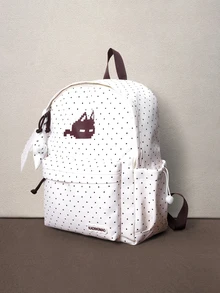 Hatastic Tas Ransel Pelajar Motif Kembang Api dengan Liontin Boneka Plush, Banyak Kompartemen Berresleting dan Label Kulit, Tas Sekolah - Putih - View 4