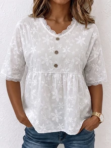 Plus Size Women's V-Neck Patchwork Embroidered Lace Front Button Casual Mid-Sleeve Top - White - View 1
