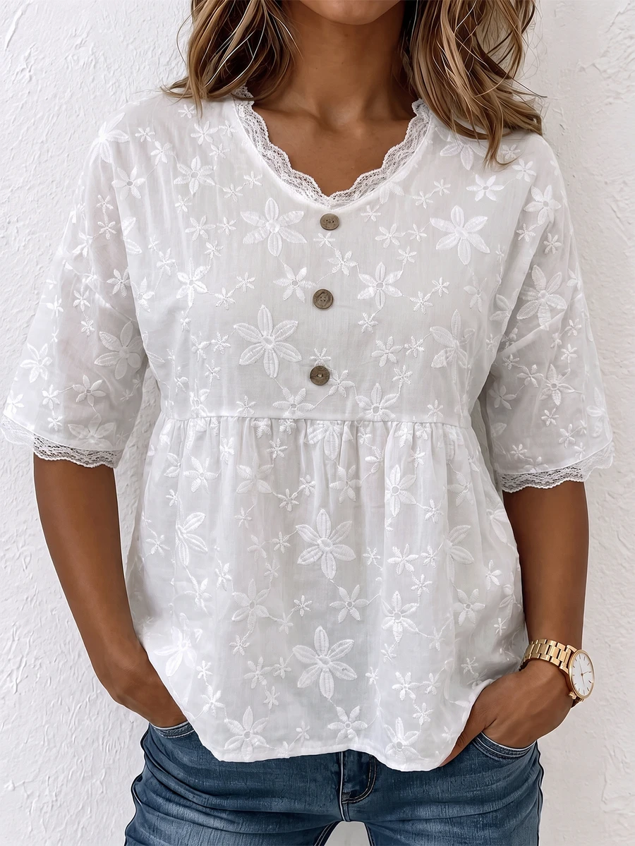 Plus Size Women's V-Neck Patchwork Embroidered Lace Front Button Casual Mid-Sleeve Top - White - View 1