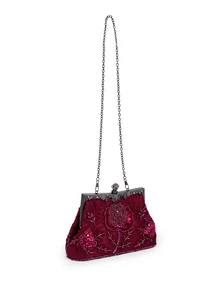 Rylithe Vintage Beaded Rose Clutch Bag, Elegant Sequined Evening Purse With Metal Handle Clasp For Wedding Party Prom Banquet - Burgundy - View 2