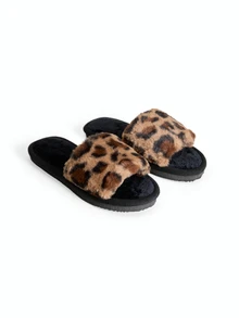 Avansion Fall/Winter Women Leopard Pattern Fuzzy Bedroom Slippers, Fashionable Open Toe Home Slippers,Halloween,Fluffy Slippers - Brown - View 2