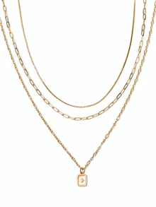 Avansion 3pcs/Set Gold Tone Multi-Layer Geometric Paperclip & Cubic Zirconia Rectangle Pendant Necklace Jewelry Set - Yellow Gold - View 2