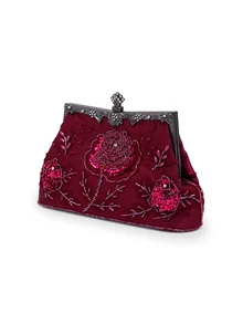 Rylithe Vintage Beaded Rose Clutch Bag, Elegant Sequined Evening Purse With Metal Handle Clasp For Wedding Party Prom Banquet - Burgundy - View 3