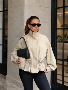 Women Fall Fashion Elegant Casual Beige Stand Collar Drawstring Waist Long Sleeve Jacket For Office Work Going Out Vacation - Light Khaki - View 1