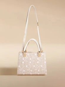 Glizzene 1pc Women's Solid Color Embroidered Textured Stone Pattern Handbag, Suitable For Summer Beach, Travel, Shopping - White - View 1