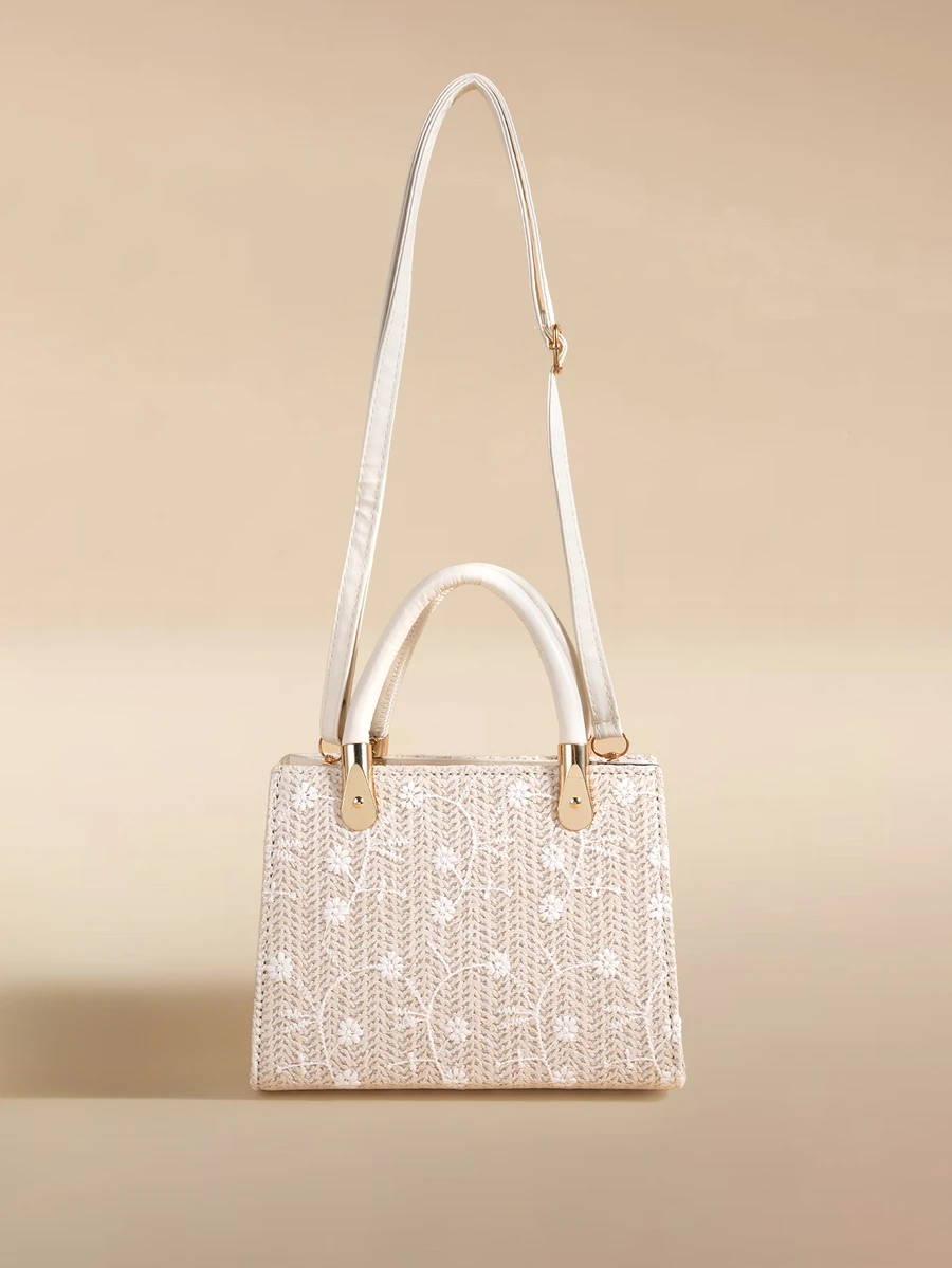 Glizzene 1pc Women's Solid Color Embroidered Textured Stone Pattern Handbag, Suitable For Summer Beach, Travel, Shopping - White - View 1