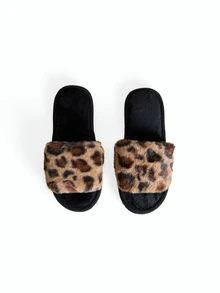 Avansion Fall/Winter Women Leopard Pattern Fuzzy Bedroom Slippers, Fashionable Open Toe Home Slippers,Halloween,Fluffy Slippers - Brown - View 3