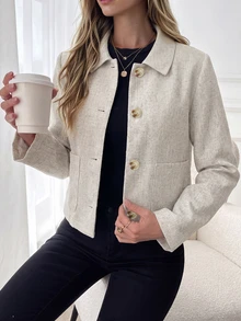 Women's Short Tweed Jacket, Lapel Single-Breasted Large Patch Pockets Long Sleeve Slim Fit, Versatile Flattering Outfit For Daily Commute, Date, Shopping, Gathering, Spring And Autumn Elegant Short Jacket - Beige - View 3