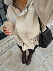 Women Fall Fashion Elegant Casual Beige Stand Collar Drawstring Waist Long Sleeve Jacket For Office Work Going Out Vacation - Light Khaki - View 2
