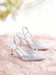 Rylithe 女款蕾絲網紗尖頭細高跟涼鞋，附腳踝綁帶，透氣派對高跟鞋 - 白色 - 查看 1