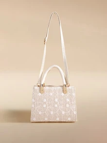 Glizzene 1pc Women's Solid Color Embroidered Textured Stone Pattern Handbag, Suitable For Summer Beach, Travel, Shopping - White - View 2